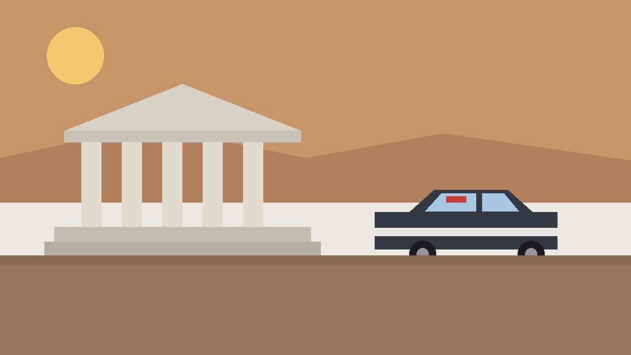 Editorial illustration of a desert courthouse and a generic police car at dusk in Arizona, no people, no weapons