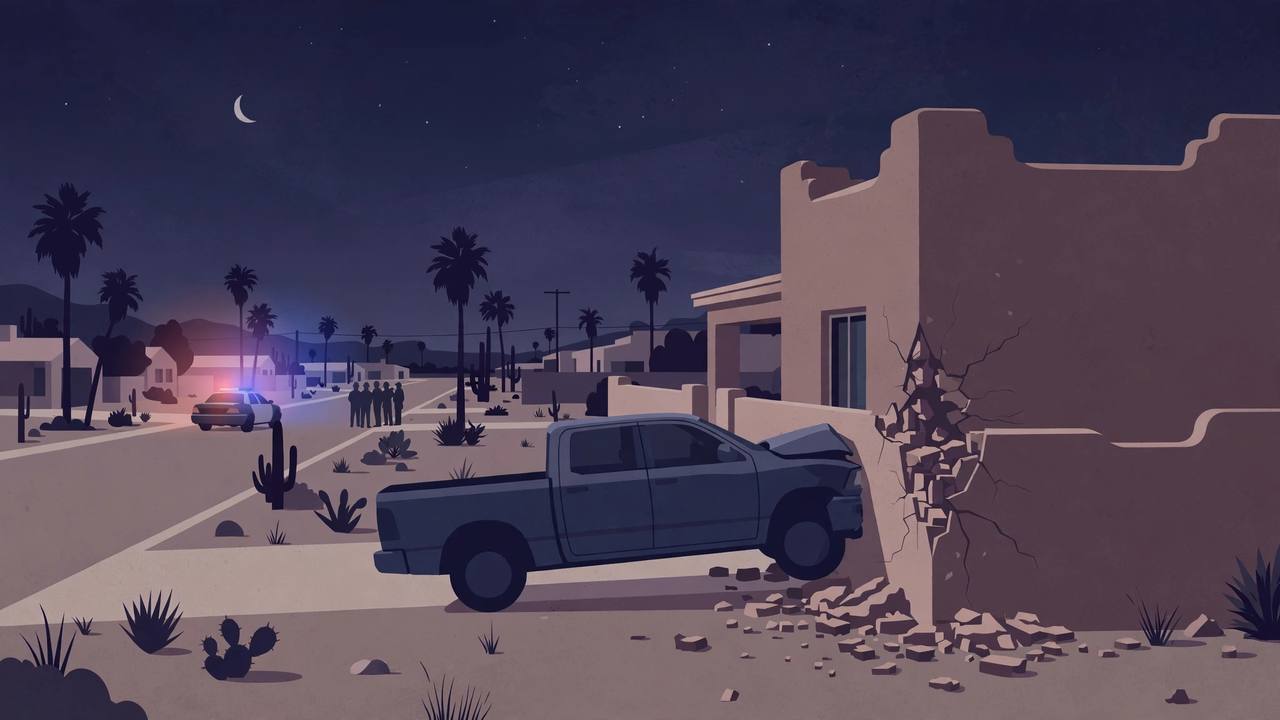 Editorial illustration of a pickup truck stopped against the cracked wall of a desert-style home at night in Arizona, with a police car in the distance, flat style, no real person depicted