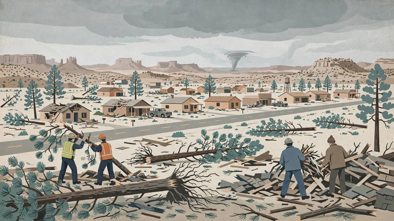 Editorial illustration of a tornado near a small Arizona town with damaged rooftops and fallen pine trees