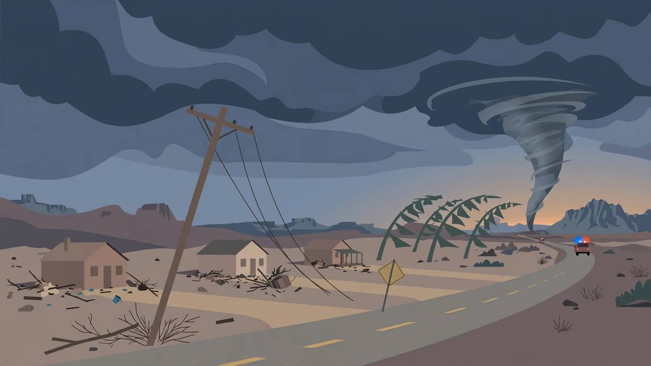 Editorial illustration of a funnel cloud near a small Arizona desert town with a leaning power pole and a rural highway, flat style, no people, no text
