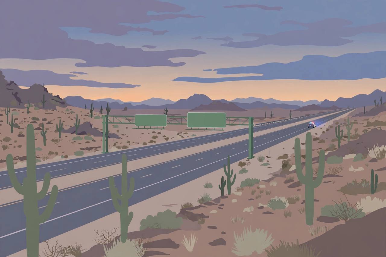 Editorial illustration of a desert interstate highway at dusk near Phoenix, Arizona, with a highway sign gantry and a patrol car on the shoulder in the far distance