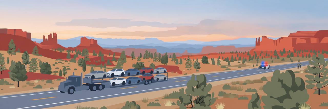 Editorial illustration of a car-hauler truck on a desert interstate near Flagstaff, Arizona, flat style, generic figures only