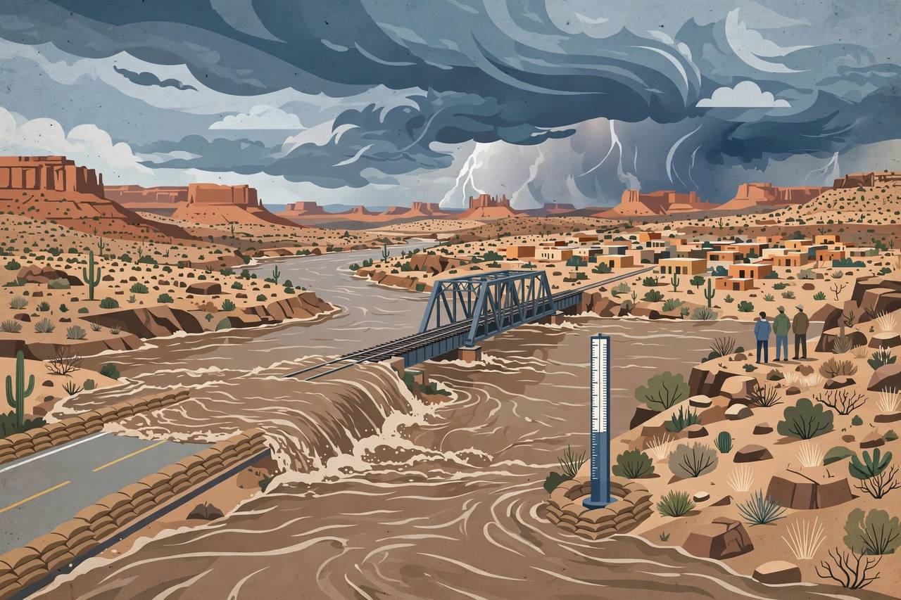 Editorial illustration of a swollen desert river flooding low crossings near Arizona towns with a railroad bridge and sandbags, flat style, no real person depicted