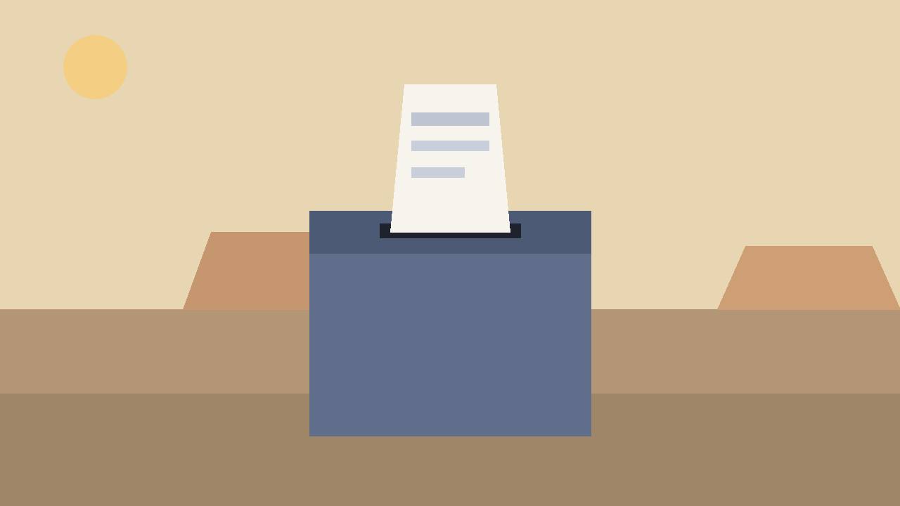 Editorial illustration of a plain ballot paper being placed into a generic ballot box with desert mesas behind, flat style, no people, no text, no real place depicted