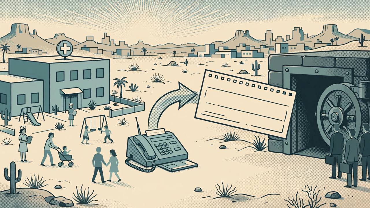 Editorial illustration of a children's hospital and a payment cheque being diverted toward a bank vault