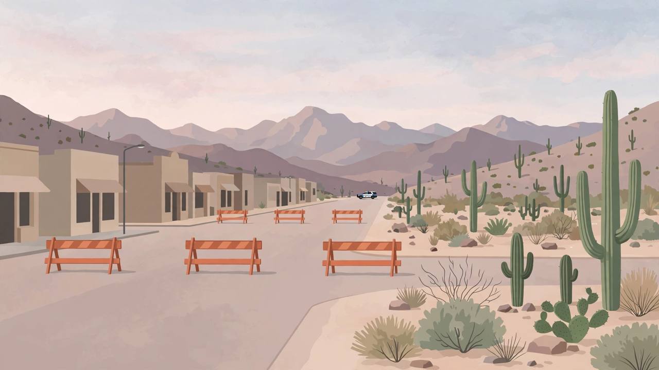 Editorial illustration of a quiet desert-city street in Mesa, Arizona at dawn, closed with road barriers, with saguaro cacti and low mountains behind, flat style, no real person depicted