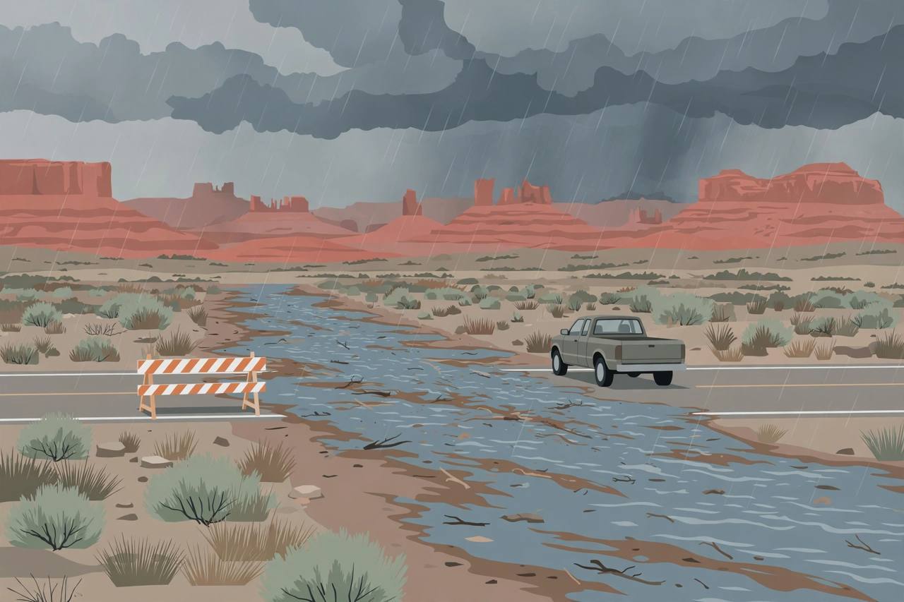 Editorial illustration of a northern Arizona desert highway with a flooded wash crossing the road, storm clouds over red rock mesas and a road-closed barrier
