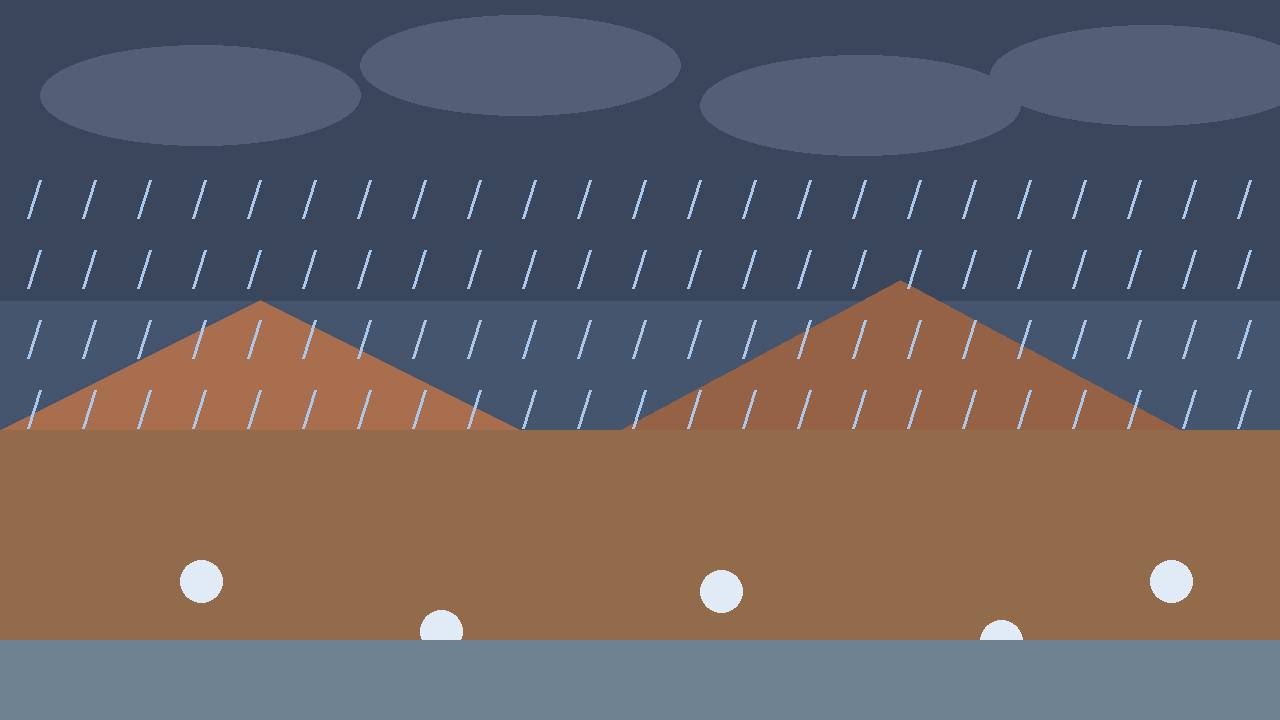 Editorial illustration of a generic desert storm with dark clouds, rain and distant mesas, flat style, no people, no text, no real place depicted