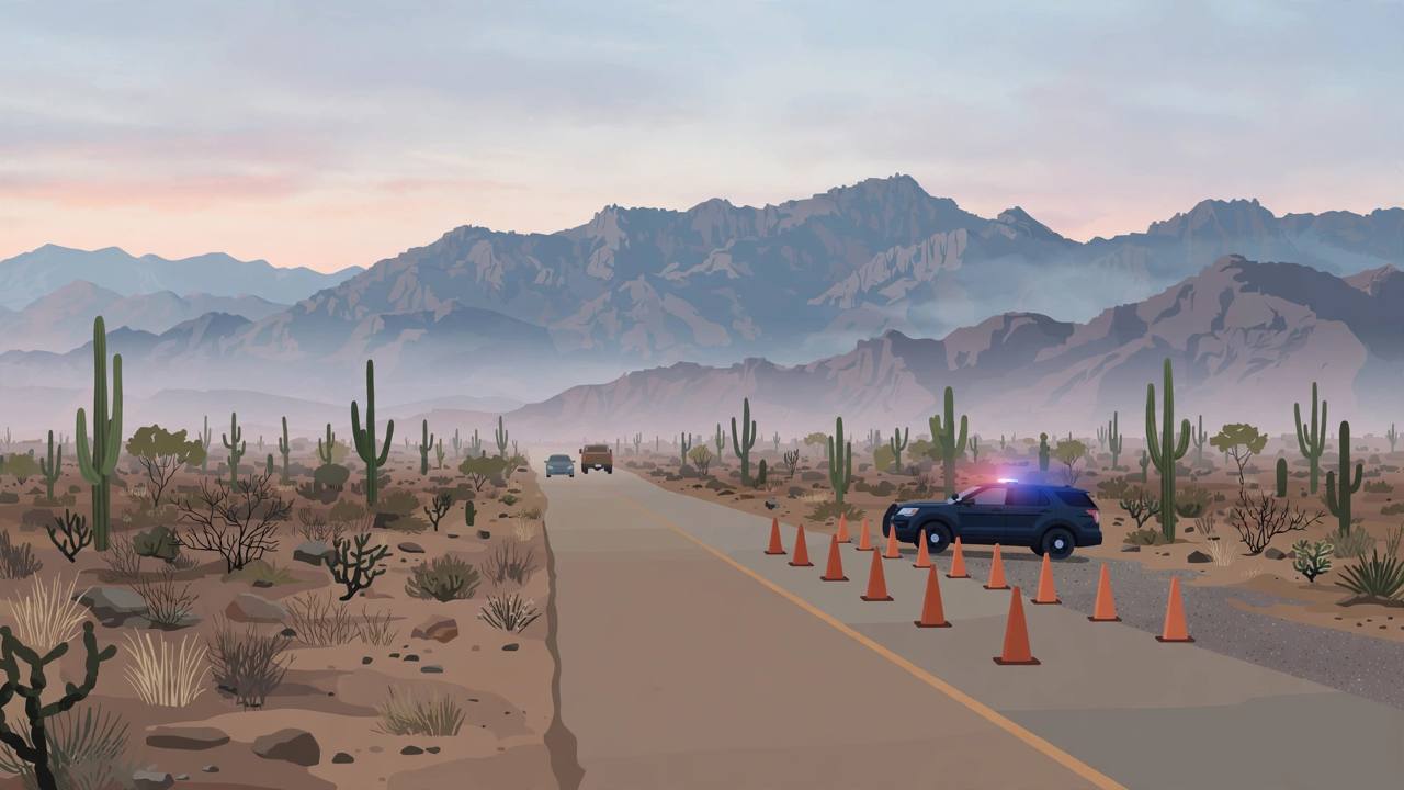 Editorial illustration of a closed desert highway in southern Arizona with traffic cones and a patrol vehicle near saguaro cacti and mountains