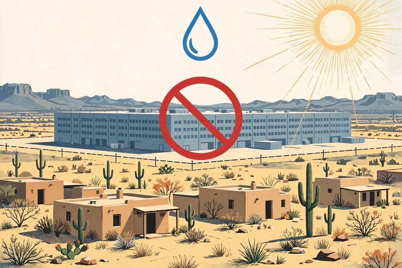 Editorial illustration of a large data center warehouse behind a prohibition sign in an Arizona desert town with saguaro cacti, adobe houses, a water droplet and strong sun