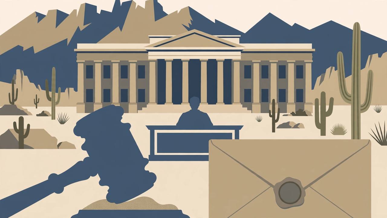 Editorial illustration of a federal courthouse in Phoenix, Arizona, with a generic judge's gavel and a sealed handwritten envelope in the foreground