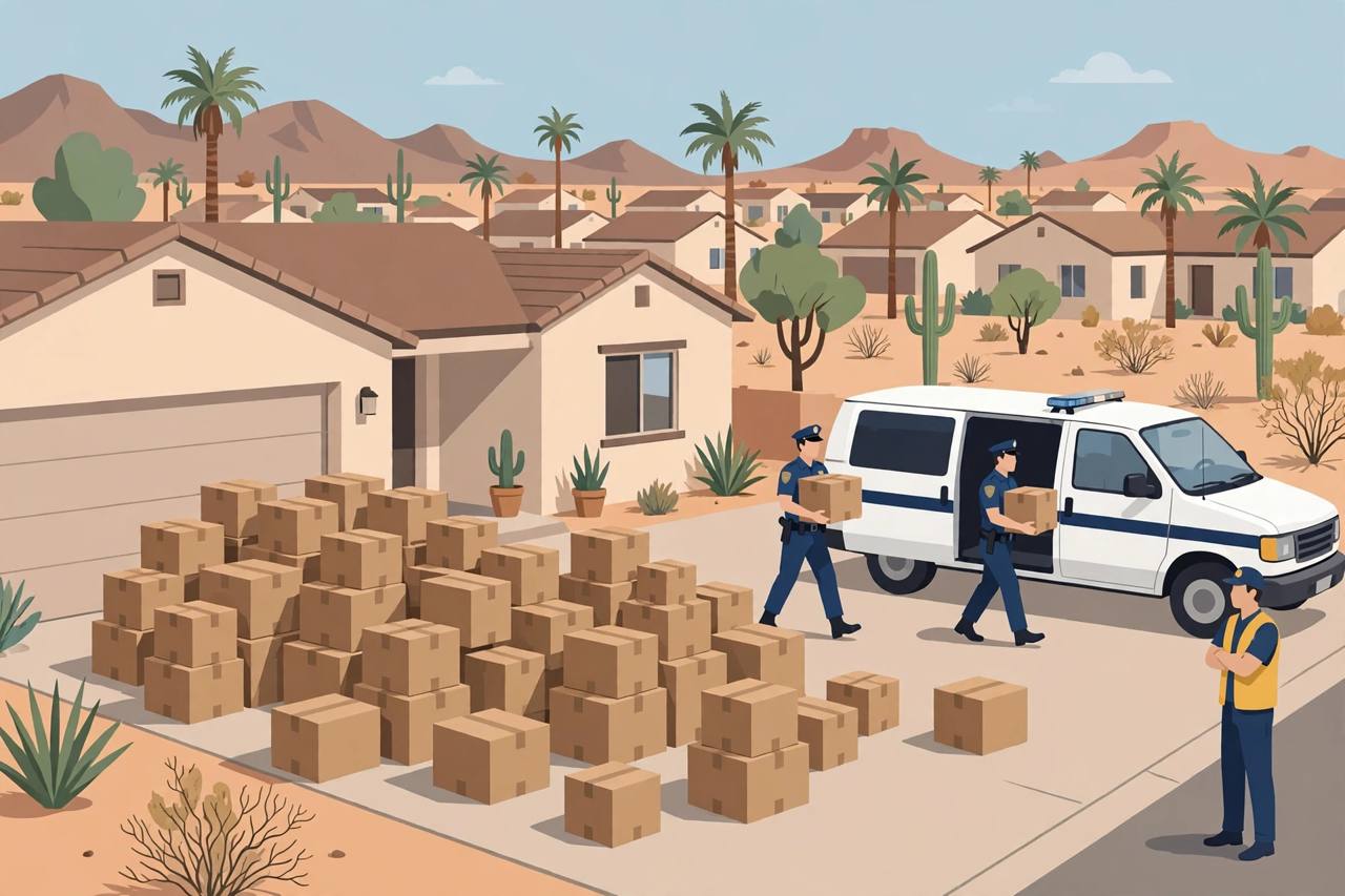 Editorial illustration of police officers carrying sealed delivery boxes from a suburban Arizona home to a van, flat style, generic figures only