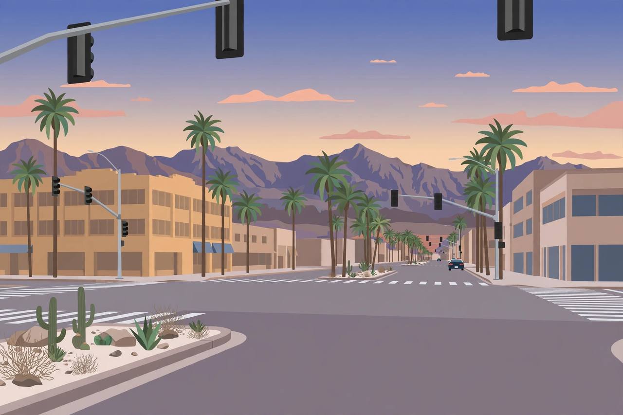 Editorial illustration of a Phoenix, Arizona intersection at dusk with desert mountains in the distance; the shooting itself is not depicted