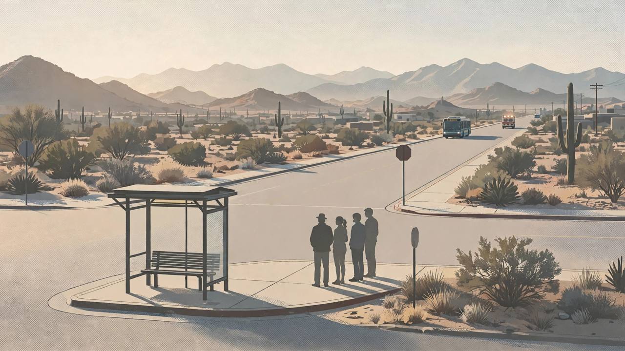 Editorial illustration of a quiet south Phoenix street corner with an empty bus stop, a distant city bus and mountains behind