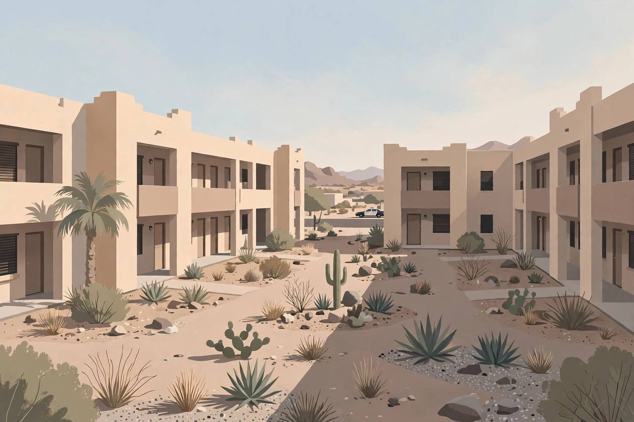 Editorial illustration of a quiet apartment complex courtyard in south Phoenix, Arizona, with desert landscaping and a patrol car far in the distance, flat style, no people, no text