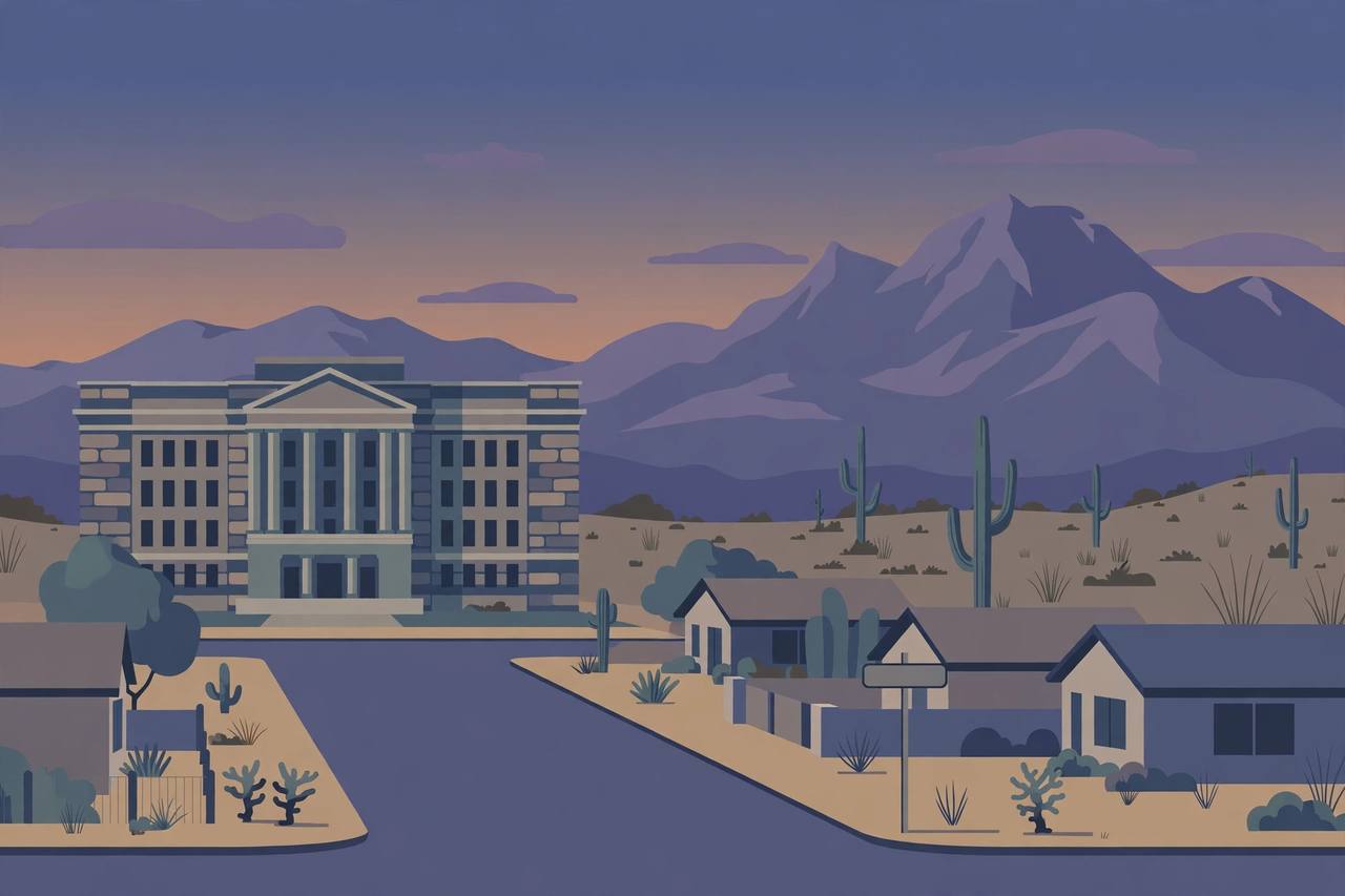 Editorial illustration of a Phoenix, Arizona courthouse at dusk with desert mountains in the background