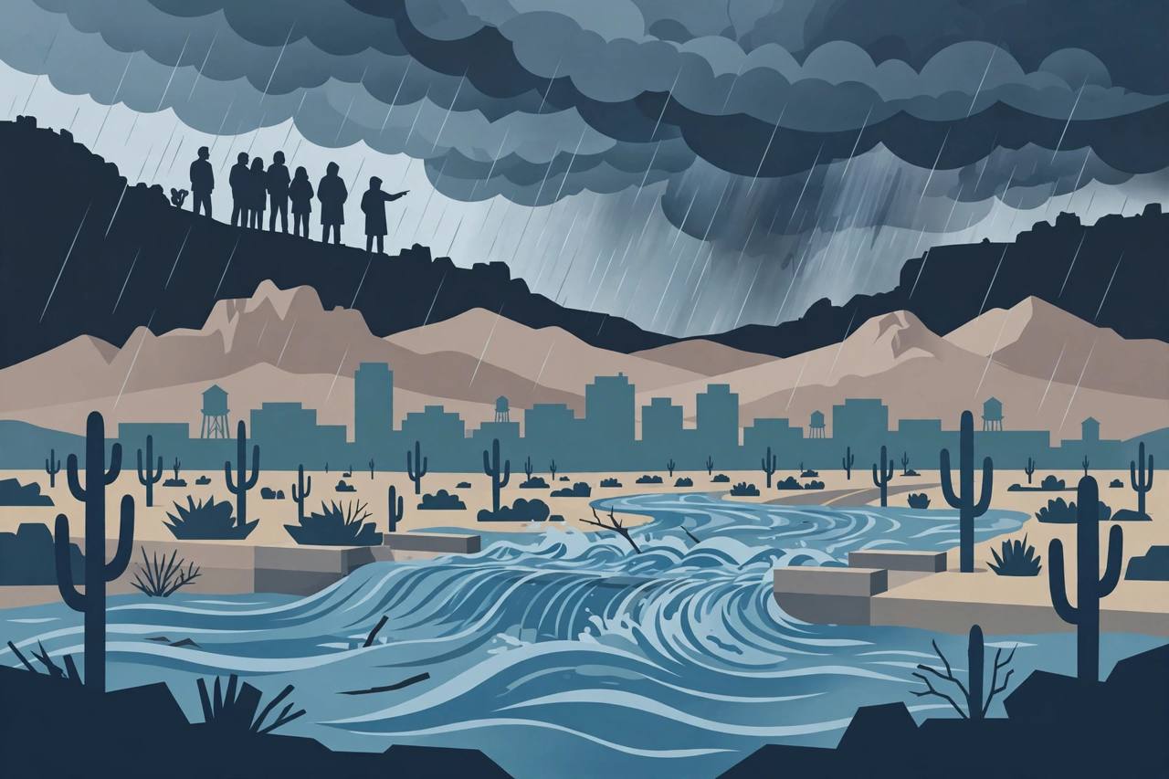 Editorial illustration of storm clouds and flooding over a desert city in Arizona