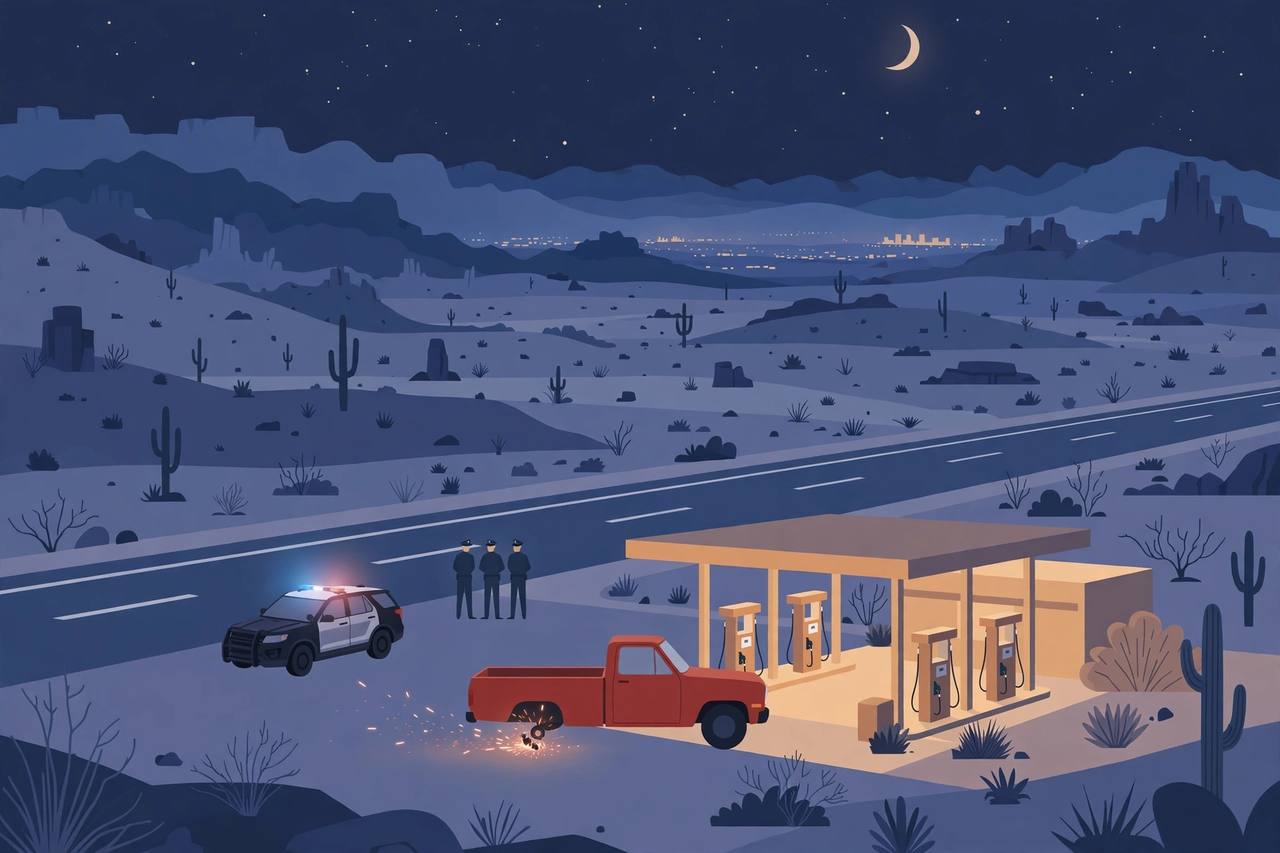 Editorial illustration of a Phoenix freeway at night with a red pickup stopped at a gas station and a patrol car nearby; the crash itself is not depicted