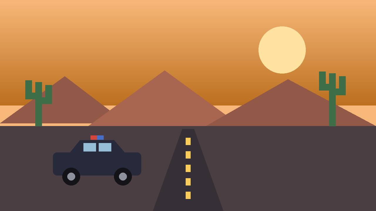 Editorial illustration of a desert interstate at dawn near Phoenix, with saguaro cacti, mountains and a distant patrol vehicle; no real person is depicted and the incident itself is not shown