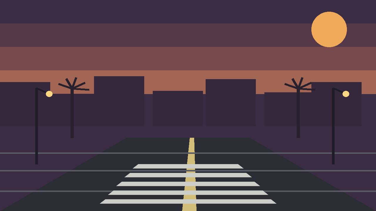 Editorial illustration of a wide arterial road with a crosswalk at dusk, flat style, no real person depicted