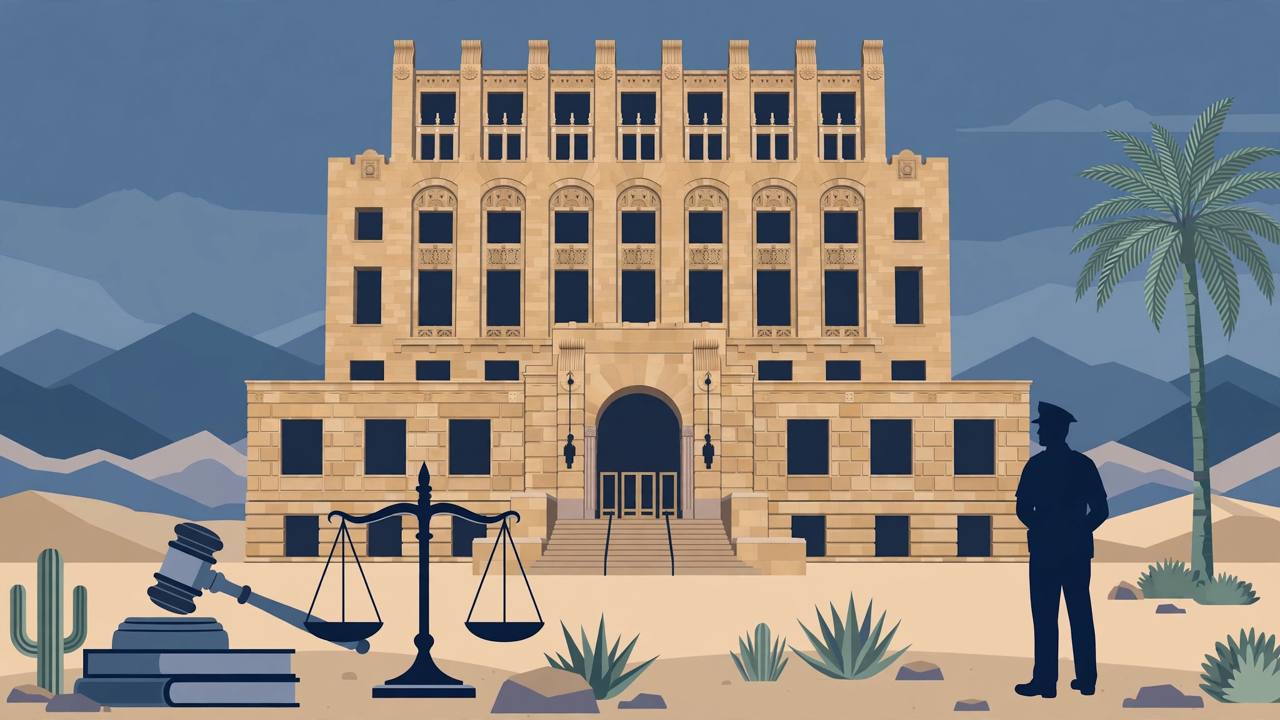 Editorial illustration of the Maricopa County courthouse in Phoenix, Arizona, with a gavel and a police officer silhouette