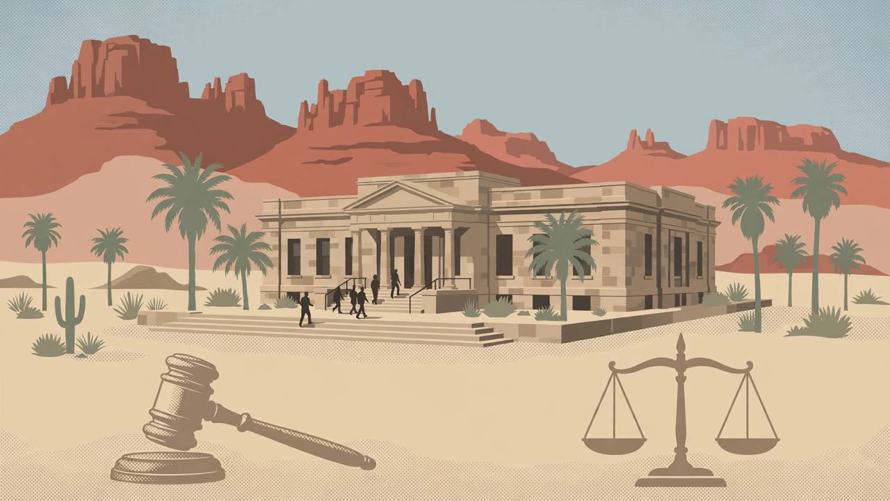 Editorial illustration of a desert courthouse in Phoenix, Arizona, flat style, generic figures only