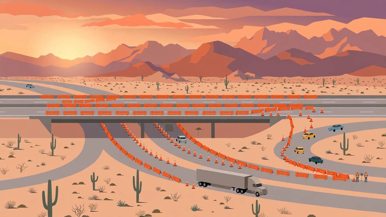 Editorial illustration of a desert freeway interchange near Phoenix with orange construction barriers, traffic cones, a semi truck on a detour road and saguaro cacti at sunset
