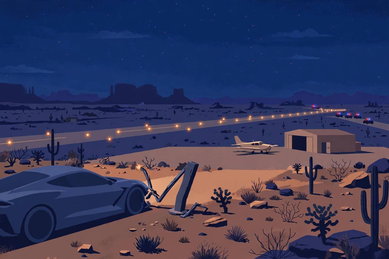 Editorial illustration of a desert airport at night, a sports car beside a bent security gate, a small unoccupied plane near a hangar and runway lights, flat style, no text, no real person