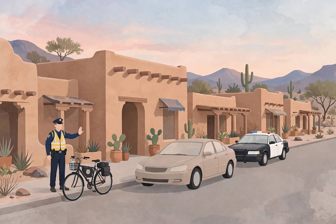 Editorial illustration of an Old Town Scottsdale street at dawn with a generic police bicycle officer signalling a generic sedan to stop; no real person is depicted