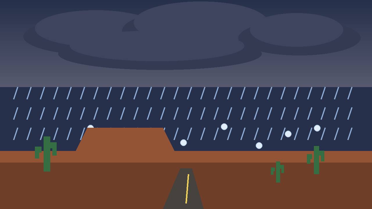 Editorial illustration of dark storm clouds, rain and hail over red-rock mesas and saguaro cacti in the Arizona desert