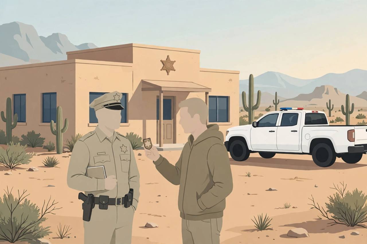 Editorial illustration of a generic man showing a fake badge to a uniformed officer outside a small Arizona sheriff's office, with a white pickup truck nearby