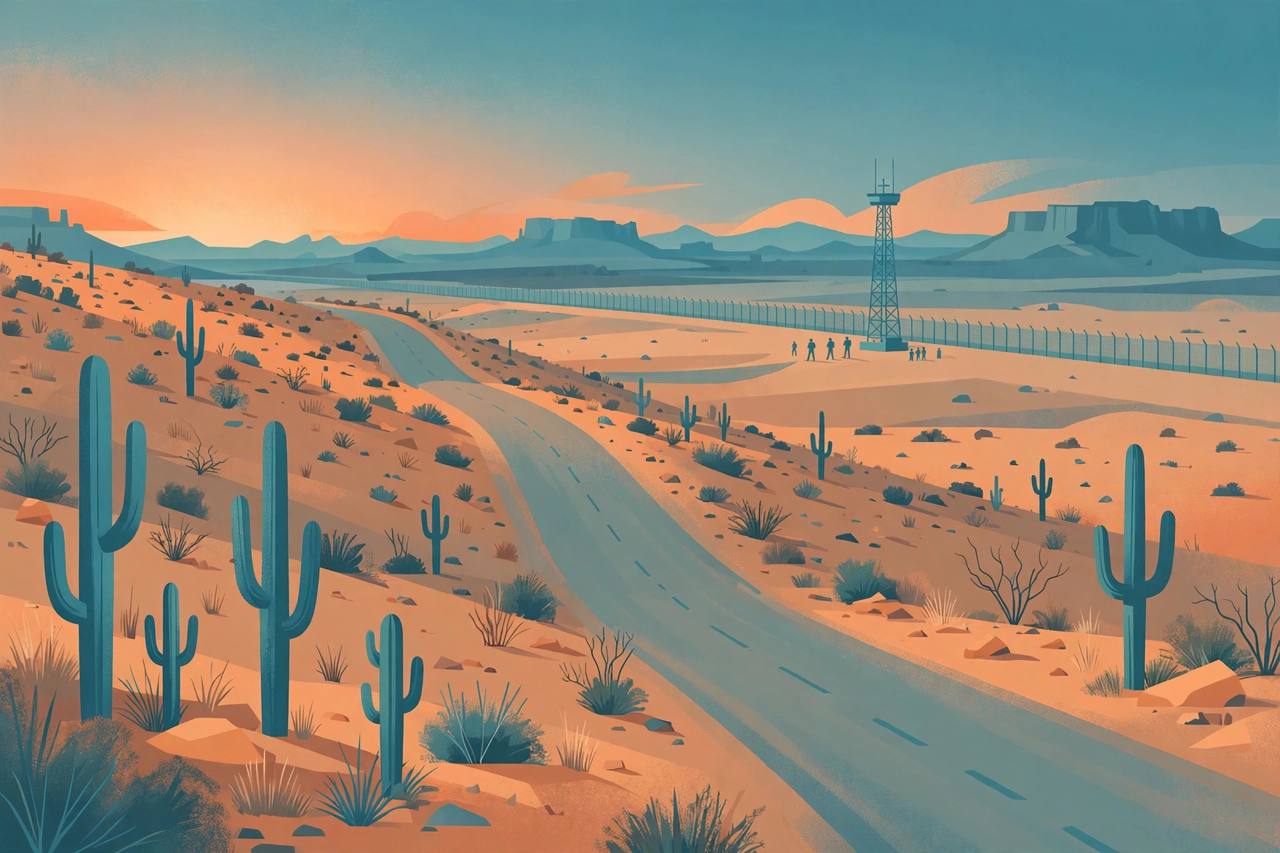 Editorial illustration of an Arizona desert border landscape with saguaro cacti, a distant barrier, a surveillance tower and small generic patrol silhouettes, flat style, no text, no real person depicted