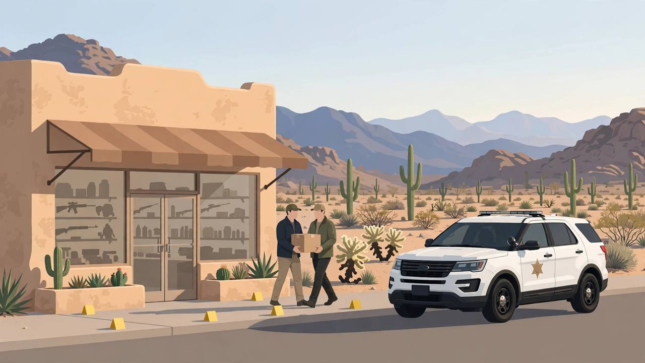 Editorial illustration of a generic Tucson gun store in desert morning light with a sheriff's patrol SUV outside, two generic investigators carrying a sealed evidence box, evidence markers on the pavement and saguaro cacti behind