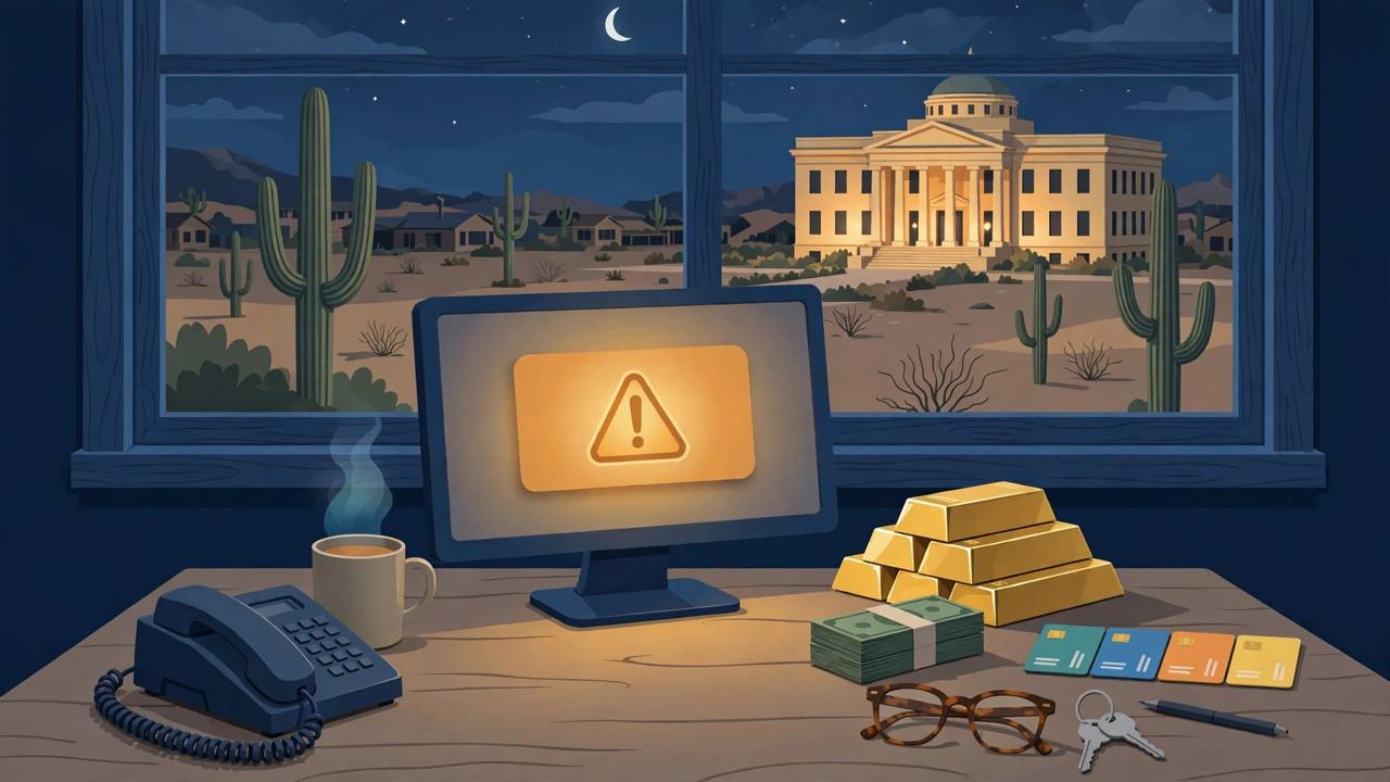 Editorial illustration of a home computer desk at night with a frozen screen showing a warning pop-up, a telephone, gold bars, cash and gift cards on the desk, and a courthouse in the Arizona desert with saguaro cacti seen through the window