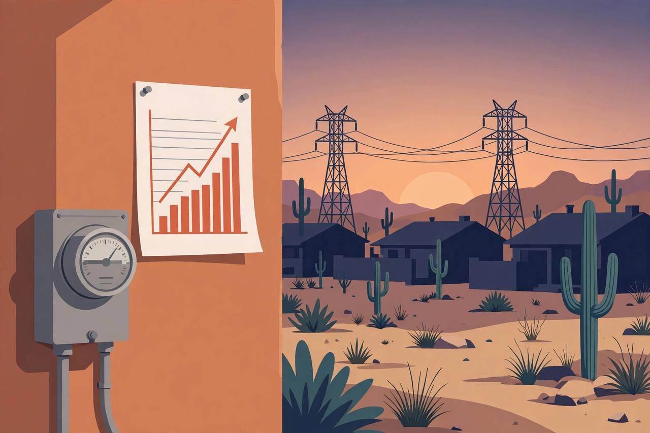Editorial illustration of a household electricity meter and a rising bill chart beside desert homes, power pylons and saguaro cacti at dusk, flat style, no text, no real person's face