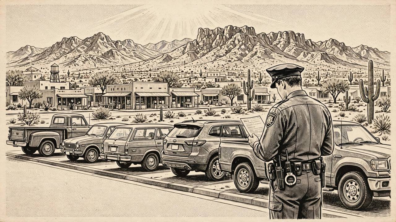 Editorial illustration of parked pickup trucks and cars in an Arizona desert city with an officer checking a vehicle document