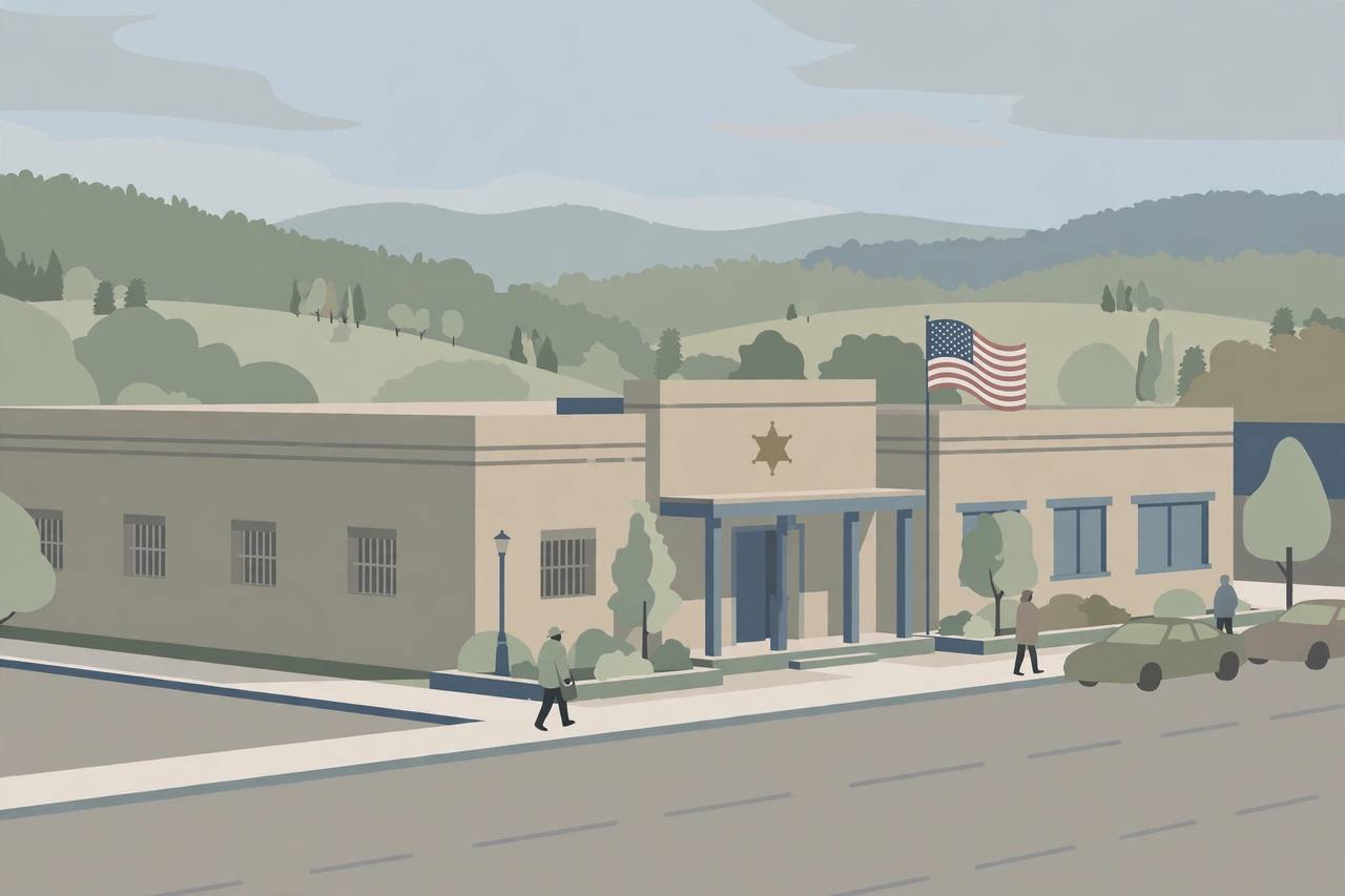 Editorial illustration of a county jail and sheriff's office building in northwest Arkansas, flat style, no real person depicted