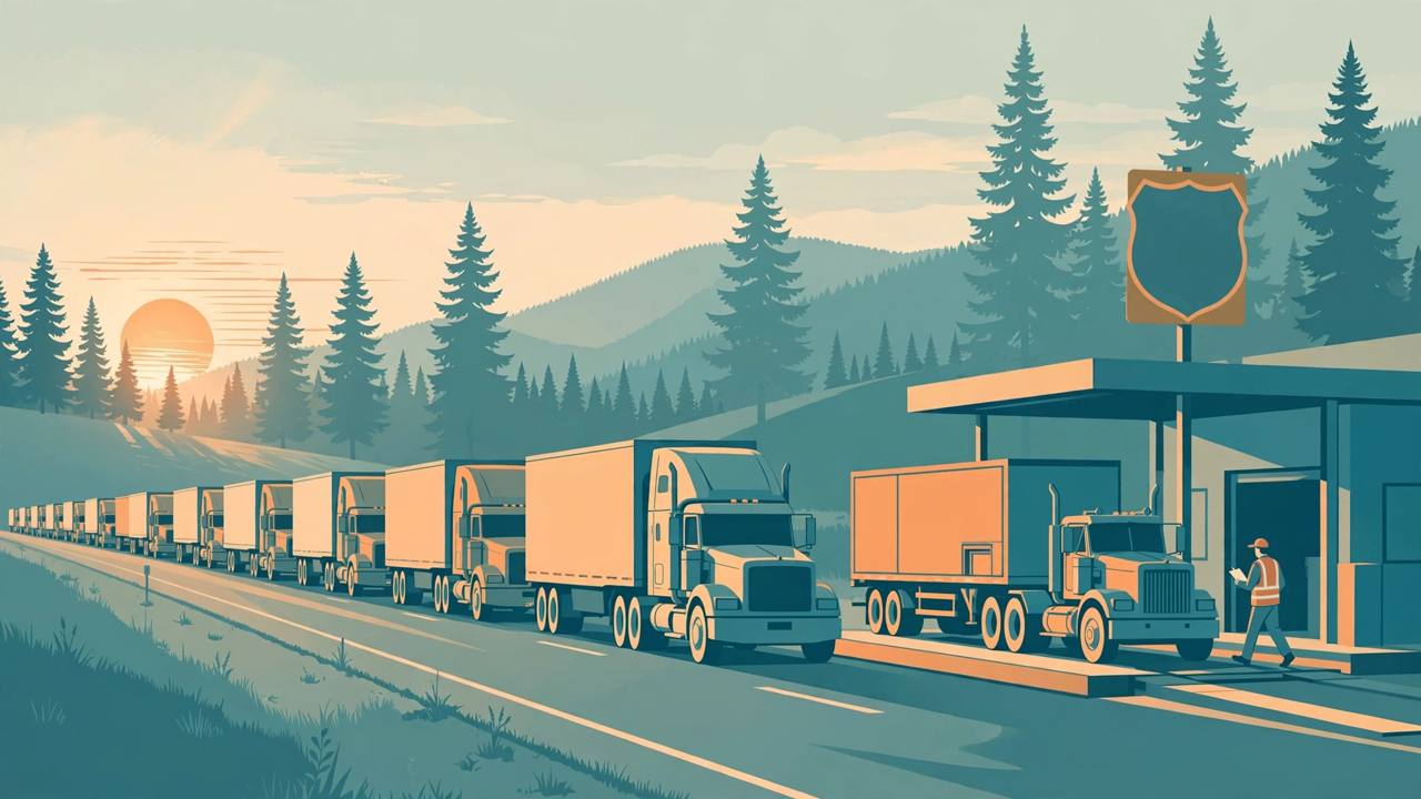 Editorial illustration of semi trucks lined up at an Arkansas highway weigh station while an inspector checks a parked tractor-trailer