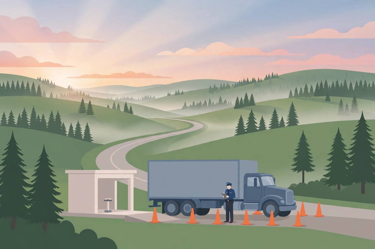 Editorial illustration of a semi truck pulled over at an Arkansas interstate weigh station at dawn, with a generic trooper holding a clipboard, orange cones and green highway scenery