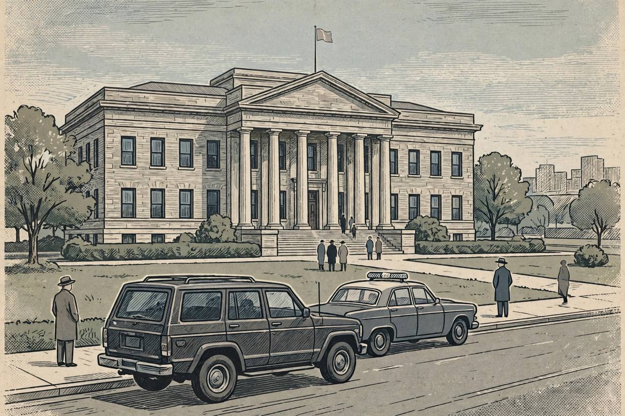 Editorial illustration of a federal courthouse in Little Rock with a generic SUV stopped at the roadside and a police car behind it — generic figures only, no real person's face