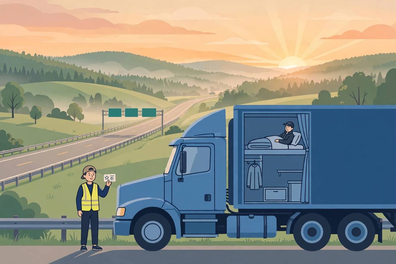 Editorial illustration of a semi truck on an Arkansas interstate at dawn, with a trainee driver holding a learner permit card beside the cab
