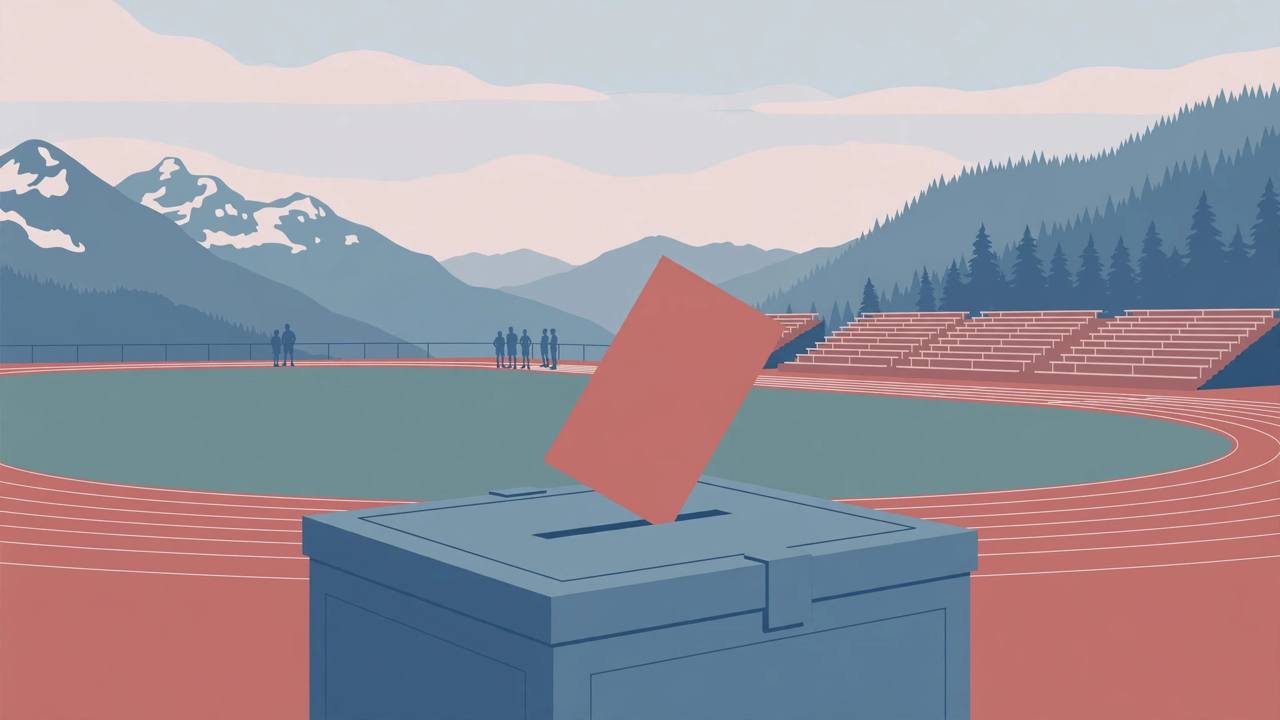 Editorial illustration of a ballot card going into a ballot box in front of a school running track and empty bleachers with mountains behind, flat style, no text