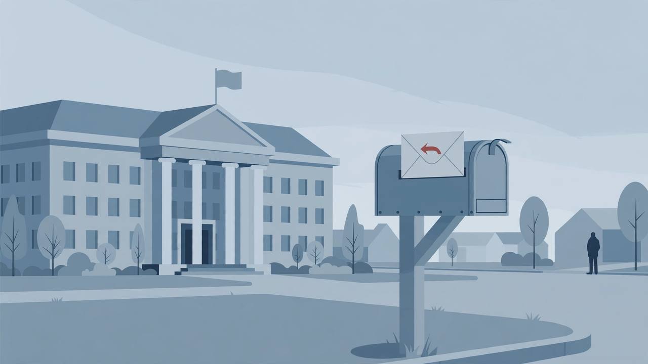 Editorial illustration of a generic immigration courthouse and a mailbox with a returned envelope, flat style, no real person depicted