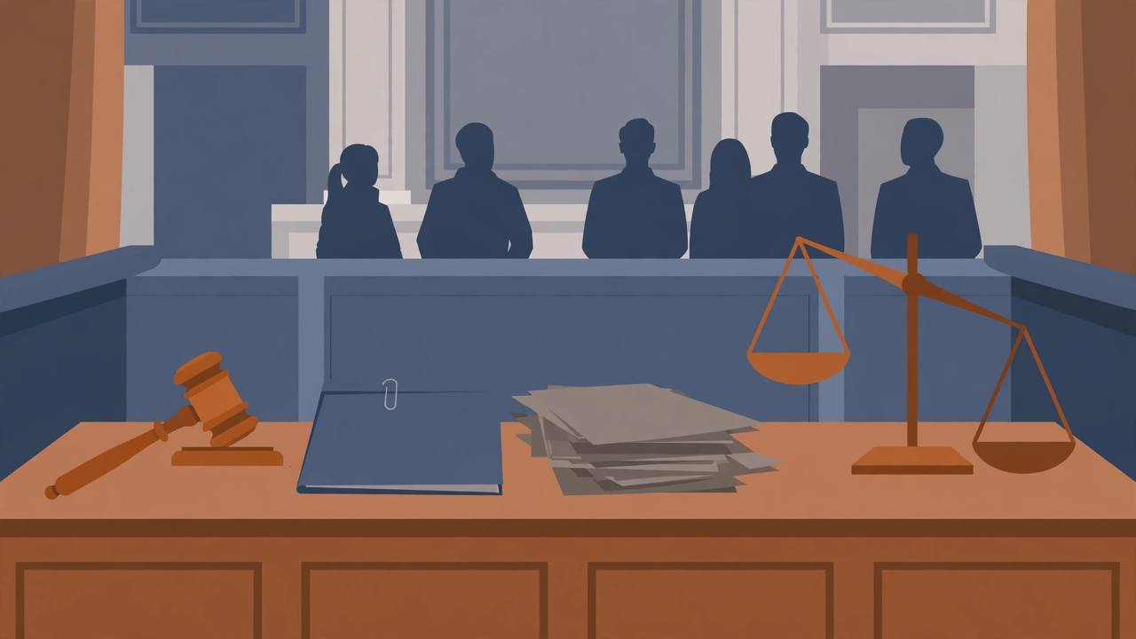 Editorial illustration of a generic immigration courtroom: judge's bench with gavel, case files and a tipped balance scale, silhouetted figures seen from behind, flat style, no text, no real person's face