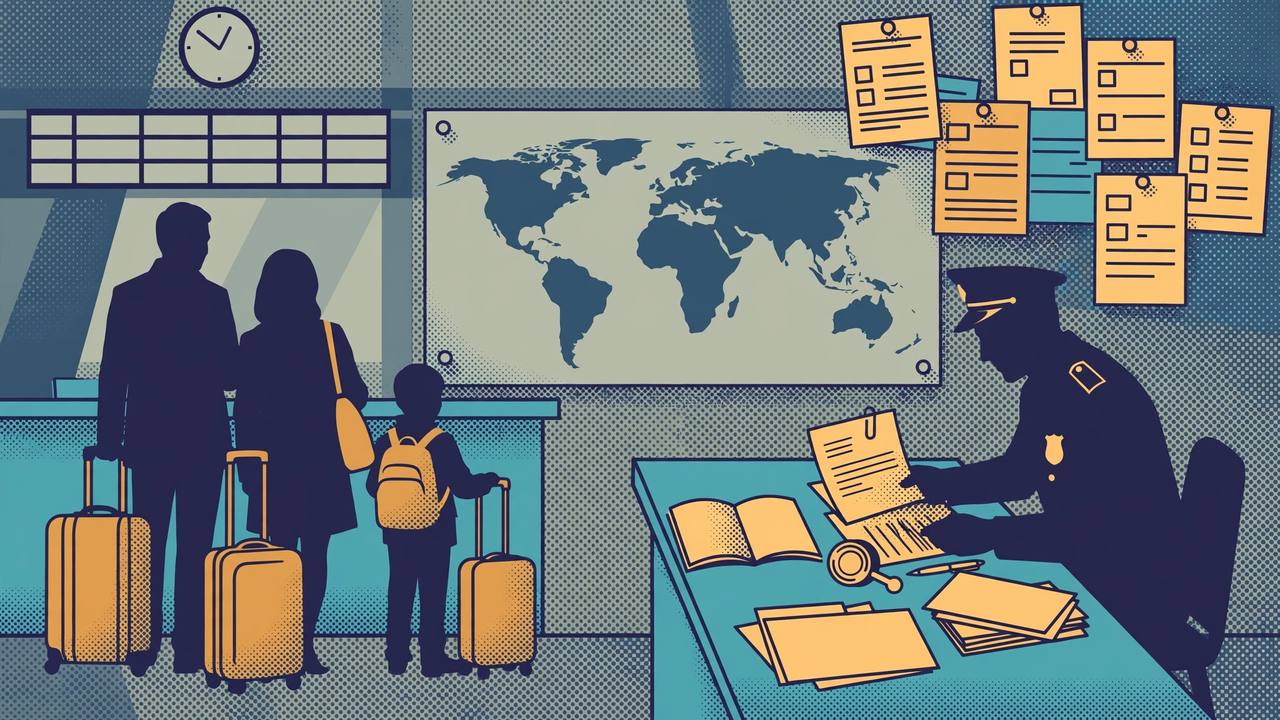 Editorial illustration of a generic family with suitcases at an airport document-check desk, with a world map and travel-record files in the background — no real person is depicted