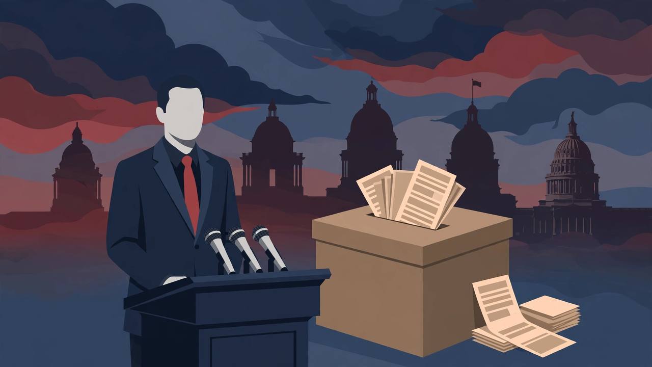 Editorial illustration of a generic official at a press podium beside a ballot box, with silhouettes of state capitol domes behind, flat style, no real person depicted