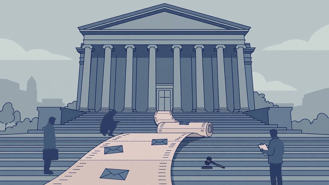 (Editorial illustration) A federal courthouse with a long voter registration roll unrolling down its steps, ballot envelopes and a judge's gavel beside it.