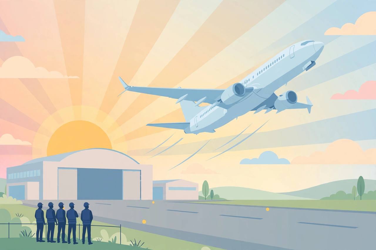 Editorial illustration of a large passenger jet taking off at sunrise in front of an aircraft factory hangar, watched by generic engineer silhouettes