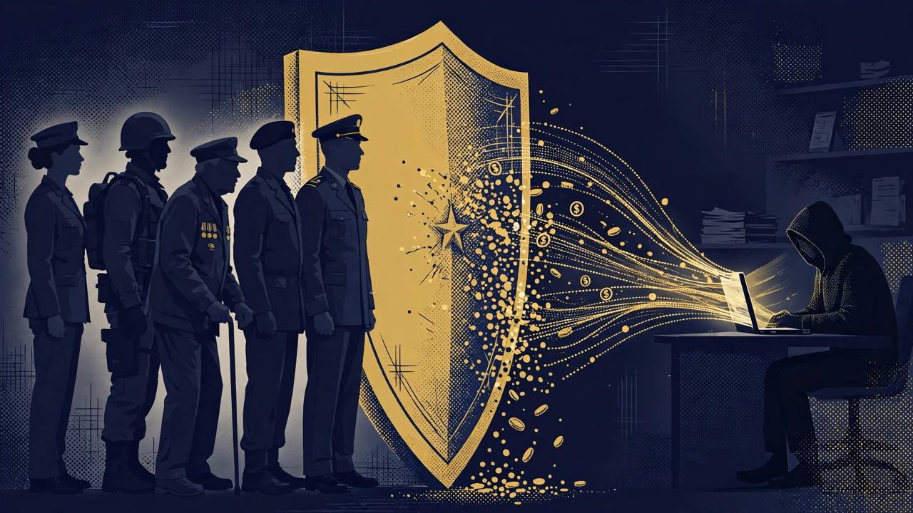 Editorial illustration of generic US servicemembers and veterans standing beside a large golden shield that blocks a shadowy figure at a laptop from siphoning benefit money