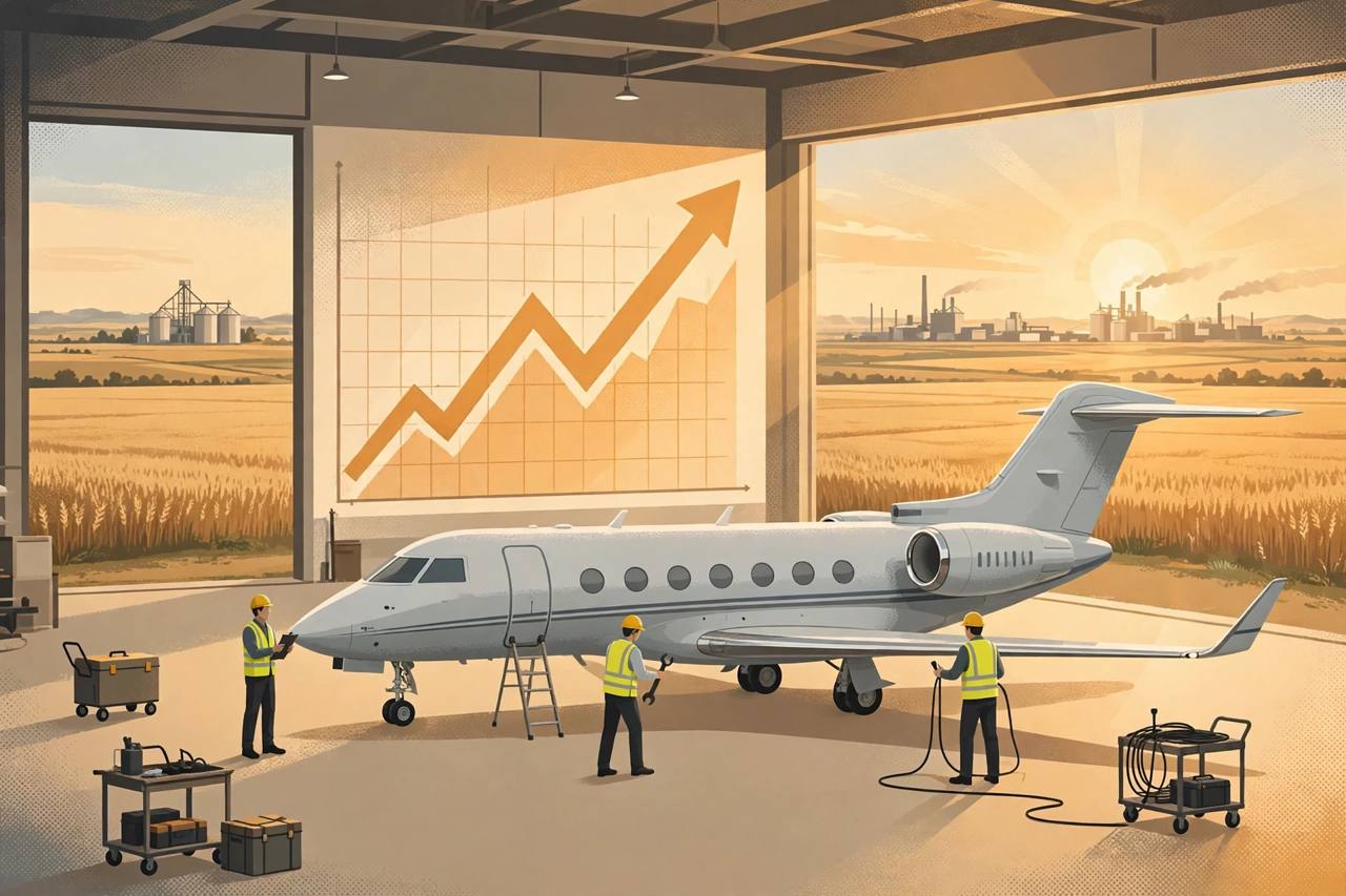 Editorial illustration of a business-jet hangar with generic workers beside a generic business jet and a rising investment arrow, flat style, no real person depicted